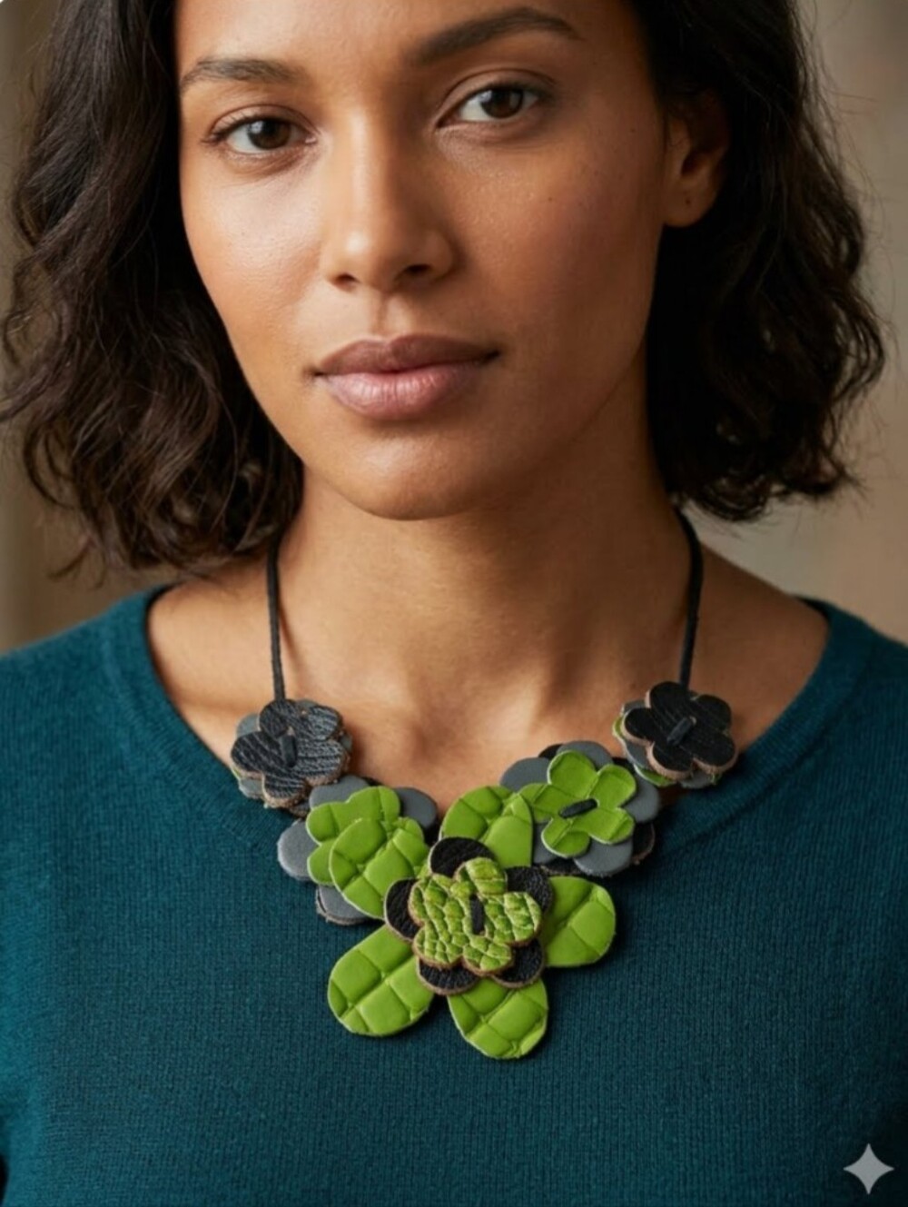 Handmade Genuine Leather Lime Sage Teal Olive Green Floral Statement Necklace 04
